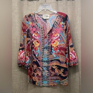 Savanna Jane Burgundy Multicolor Paisley Embroidered V-Neck Tunic